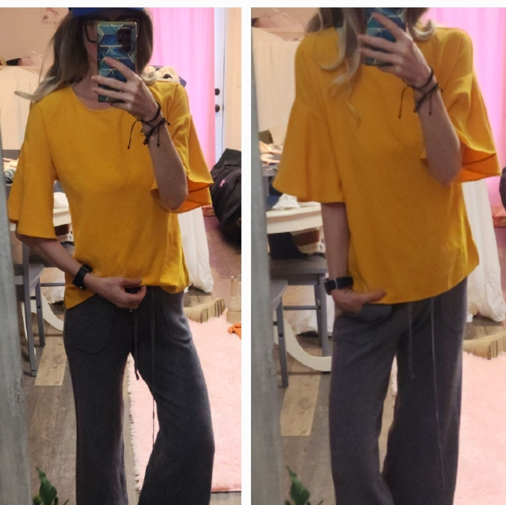 NWT Ann Taylor Citron Mustard Yellow Flare Tulip Sleeve Top Oversized Xs